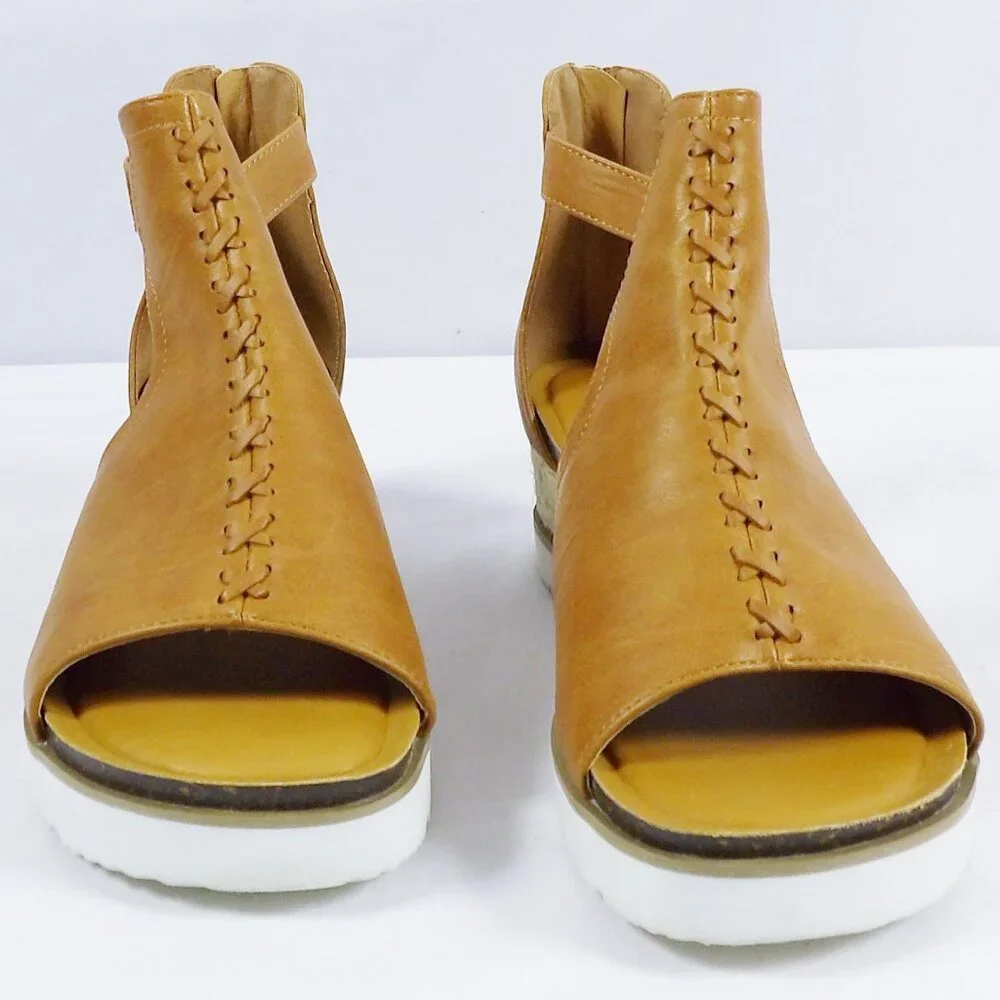 Corkys SUGAR CITY Espadrille Low Wedge Sandals Cognac Brown NIB Open Toe